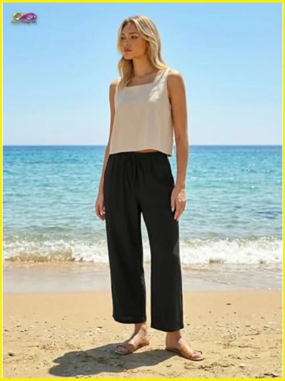 Linen Blend Wide Leg Capri Pants High Waisted Elastic Casual Boho Chic